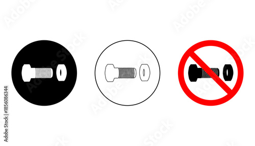 Bolt and nut screw icon set in three styles including prohibition sign