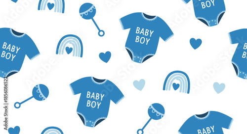 Sweet seamless pattern for a baby boy, featuring blue onesies, rattles, rainbows, and hearts on a white background for a baby shower or nursery.