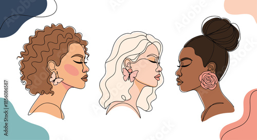 Three beautiful women of different ethnicities are depicted in a minimalist one-line art style, with abstract color shapes and elegant accessories.