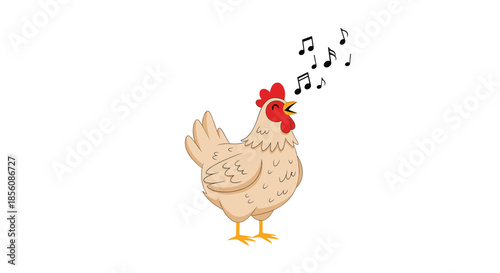 Singing hen or chicken crowing with musical notes coming from its beak, a cheerful cartoon farm animal character isolated on a white background.