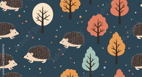 Enchanting seamless pattern of cute hedgehogs in an autumn forest with colorful trees on a dark blue background, ideal for nursery or fall decor.
