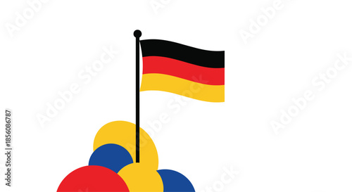 German flag waving on a flagpole, with decorative balloons in the national colors at the base, celebrating a national holiday like German Unity Day.