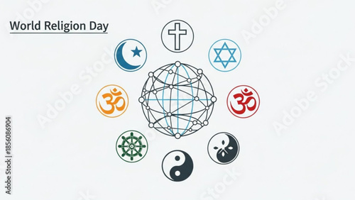 World religion day celebration with diverse faith symbols and global connection concept
