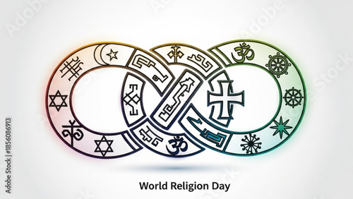 Interconnected symbols of major world religions on white background for world religion day