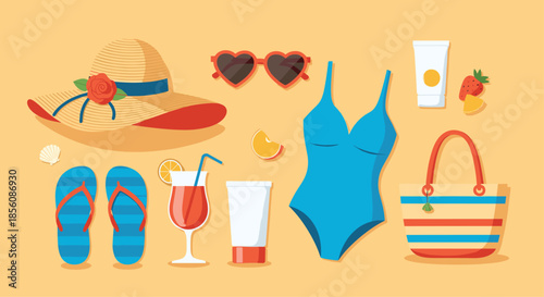 Flat lay collection of essential summer beach accessories including a swimsuit, straw hat, sunglasses, flip-flops, and sunscreen.