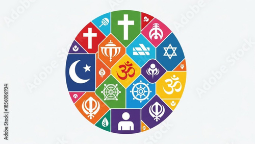 Vibrant multifaith symbol collage with diverse religious icons in a circle