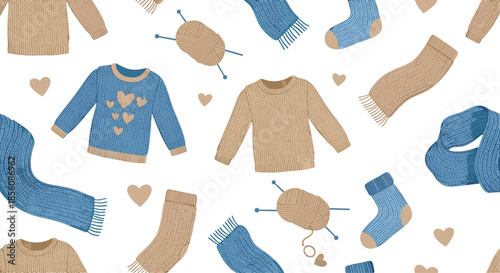 Cozy seamless pattern of hand-knitted winter clothing, including sweaters, scarves, and socks in beige and blue with small hearts.