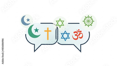 Diverse religious symbols in speech bubbles representing interfaith dialogue and cultural exchange with christianity, islam, judaism