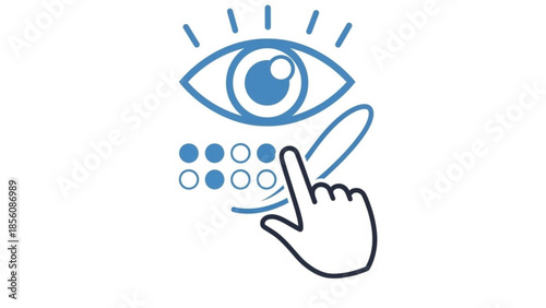 Blue eye with finger selecting vision test optometry chart, eye care and vision testing concept