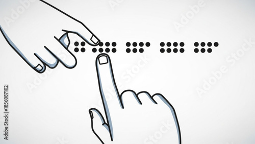 Hands reading braille text on white background, finger pointing to braille dots, tactile writing system, accessibility symbol, blind