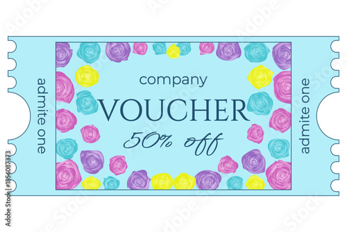 Gift voucher, 50% discount coupon with roses, Women's Day, March 8