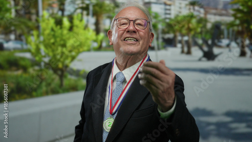 Φωτογραφία Senior man in a suit outdoors on a street, smiling and wearing a medal, representing success and achievement in a business environment