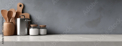 Wallpaper Mural A kitchen counter with a few items on it, including a wooden spoon, a jar, and a pot Torontodigital.ca