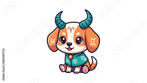 Cute cartoon dog with bull horns and zodiac symbols, astrology pet