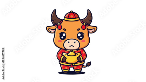 Cartoon bull in chinese costume holding gold