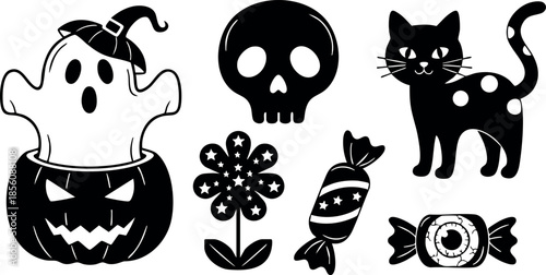 Halloween themed vector with ghost cat skull flower candy pumpkin black and white elements 