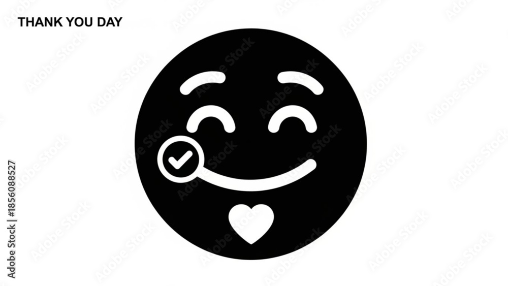 Obraz premium Black smiling face emoticon with checkmark heart symbol on white background for thank you day