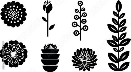 Black silhouette floral shapes vector set with various stem and leaf designs natural elements 