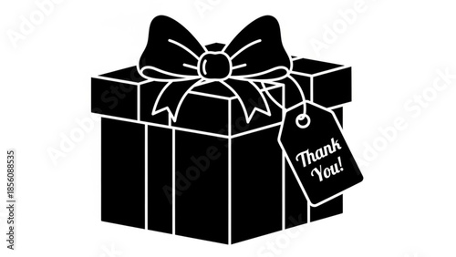 Black gift box with bow and thank you tag on white background for appreciation and presents