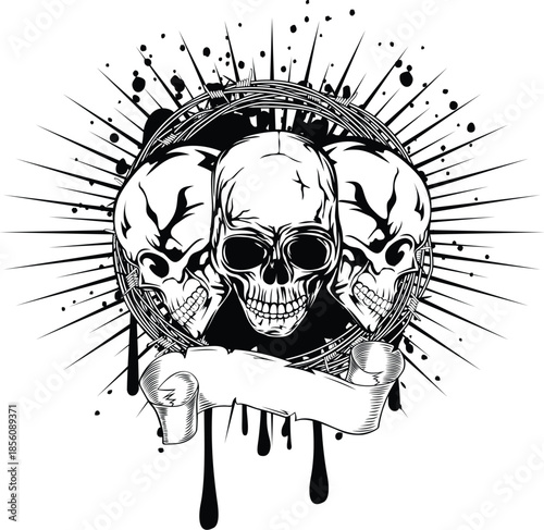 Three Skulls in Circle with Chain and Paint Splatters on White