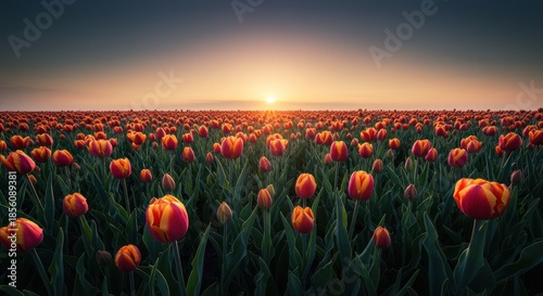 Field of colorful tulips under a sunset sky
