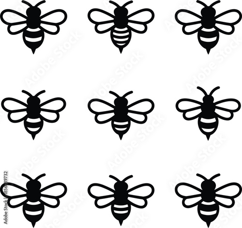 Bee Icon Silhouette Vector Featuring 3x3 Grid with One Unique Striped Bee Among Solid Black Winged Insects