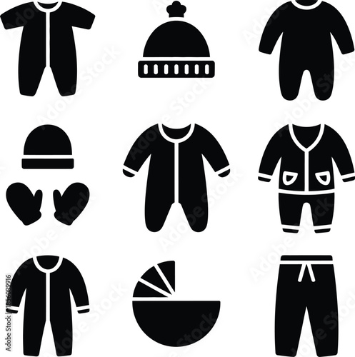 Baby Clothing Silhouette Vector Featuring Onesies, Hats, Mittens, Pants, and Stroller in 3x3 Grid Layout