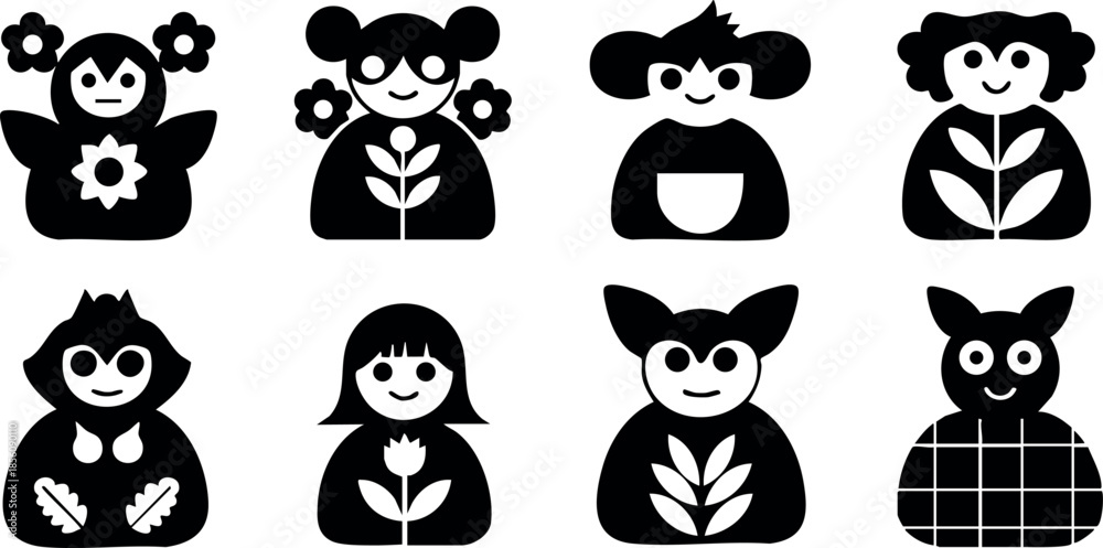 Fototapeta premium Cute black and white flower girls vector set with owl character and floral patterns 