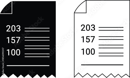 Black and white vector icons of paper payment receipts featuring numerical data and transaction details for financial accounting and retail billing.