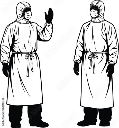 Black and white vector illustration of healthcare workers wearing protective hazmat suits and safety masks for medical and laboratory safety.