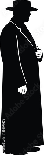 Black silhouette of a man wearing a long vintage trench coat and fedora hat standing in a mysterious noir pose.