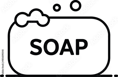 Soap Silhouette Vector Featuring Lathered Bar with Bubbles and Bold “SOAP” Label in Minimalist Line Style