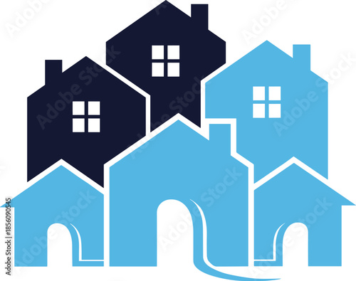 Blue and dark navy vector icons of residential houses for real estate marketing property development neighborhood community and architectural construction themes.