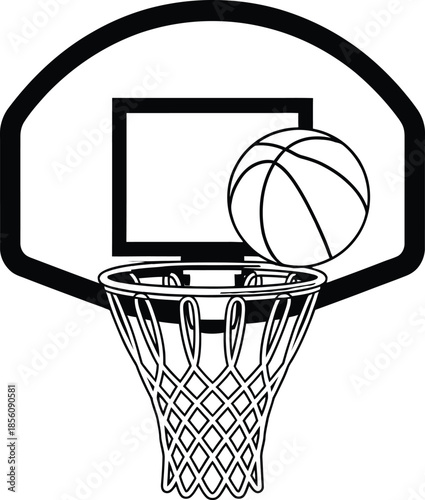 Basketball Hoop Silhouette Vector Featuring Ball Scoring Through Net with Backboard and Target Box in Line Style