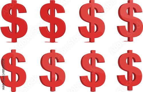 Three dimensional red dollar sign currency symbols in various angles for financial growth banking investment marketing and global business success themes.