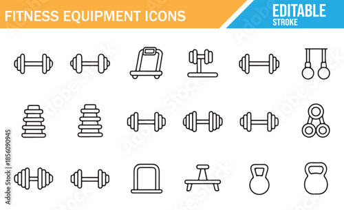 Fitness equipment icon set. Line art vector collection of gym workout gear like dumbbells, kettlebells, treadmill, and weight bench. Minimal outline design with editable stroke.