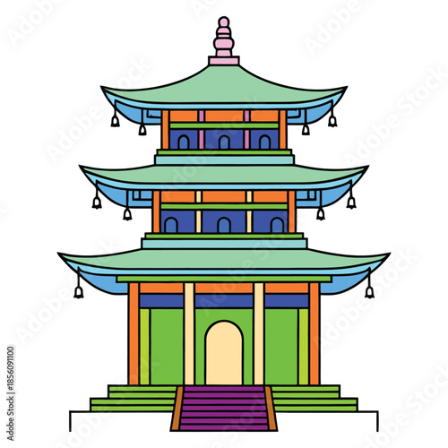 Vibrant colorful pagoda tower with green roof and purple steps
