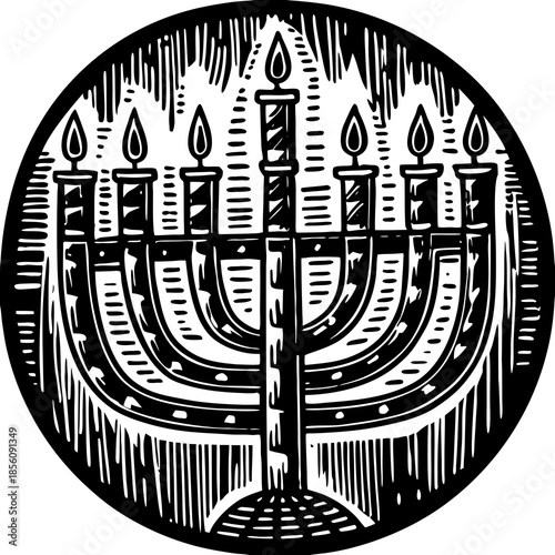 Hanukkah menorah in black and white woodcut style illustration  