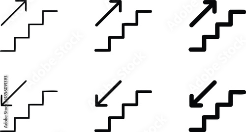 Stairs arrows up and down concept staircase direction graphic element success way stair step up and down symbol black and white isolated set vector illustration