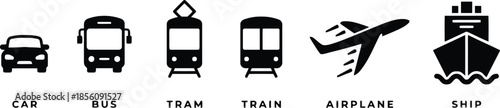 Transportation mode icons set featuring car bus tram train airplane and ship silhouette symbols with text labels for travel logistics and global freight transit on transparent background vector