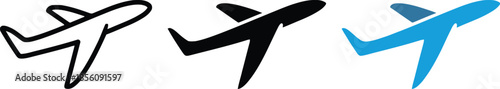 Airplane travel icons set including outline solid and flat blue versions of commercial aircraft flying and landing symbol for airline transportation and tourism vector graphic for web and apps