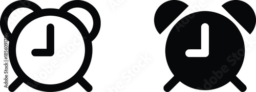 Icon of Alarm Clock Showing Time for Wake Up Call Symbolic Graphic Isolated On Transparent Background in Simple Black Silhouette Style Vector Illustration Design