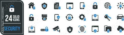 Security Vector Icons Set for Data Protection and Cyber Security Including Lock Shield File Mobile Global Network Key Settings and Camera Symbols on Dark Background