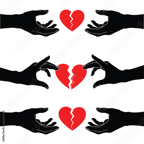 Hands delicately holding and offering broken hearts