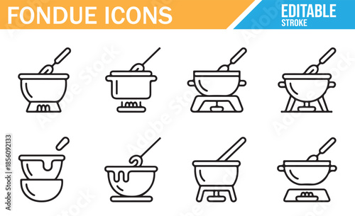 Restaurant fondue equipment icons. Outline vector signs suitable for menu design.