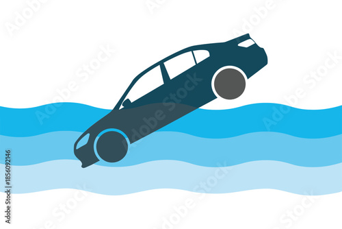 Car submerged in water with dramatic sinking effect