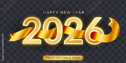 Luxury Gold 2026 Happy New Year 3D Text with Ribbon on Transparent Background
