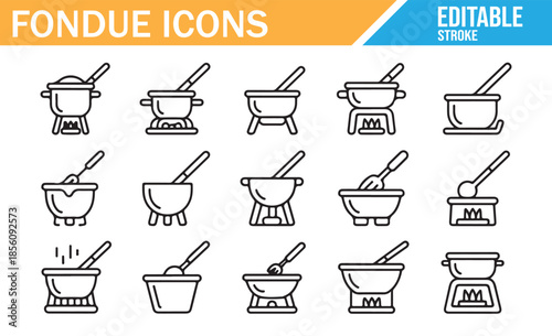 Vector fondue elements with editable stroke. Minimal design set for food graphic resources.