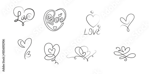 Collection of hand drawn hearts and love themed illustrations