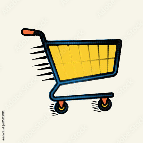 Halftone pop art dot fast moving shopping cart trolley with speed lines for sale concept, vector illustration